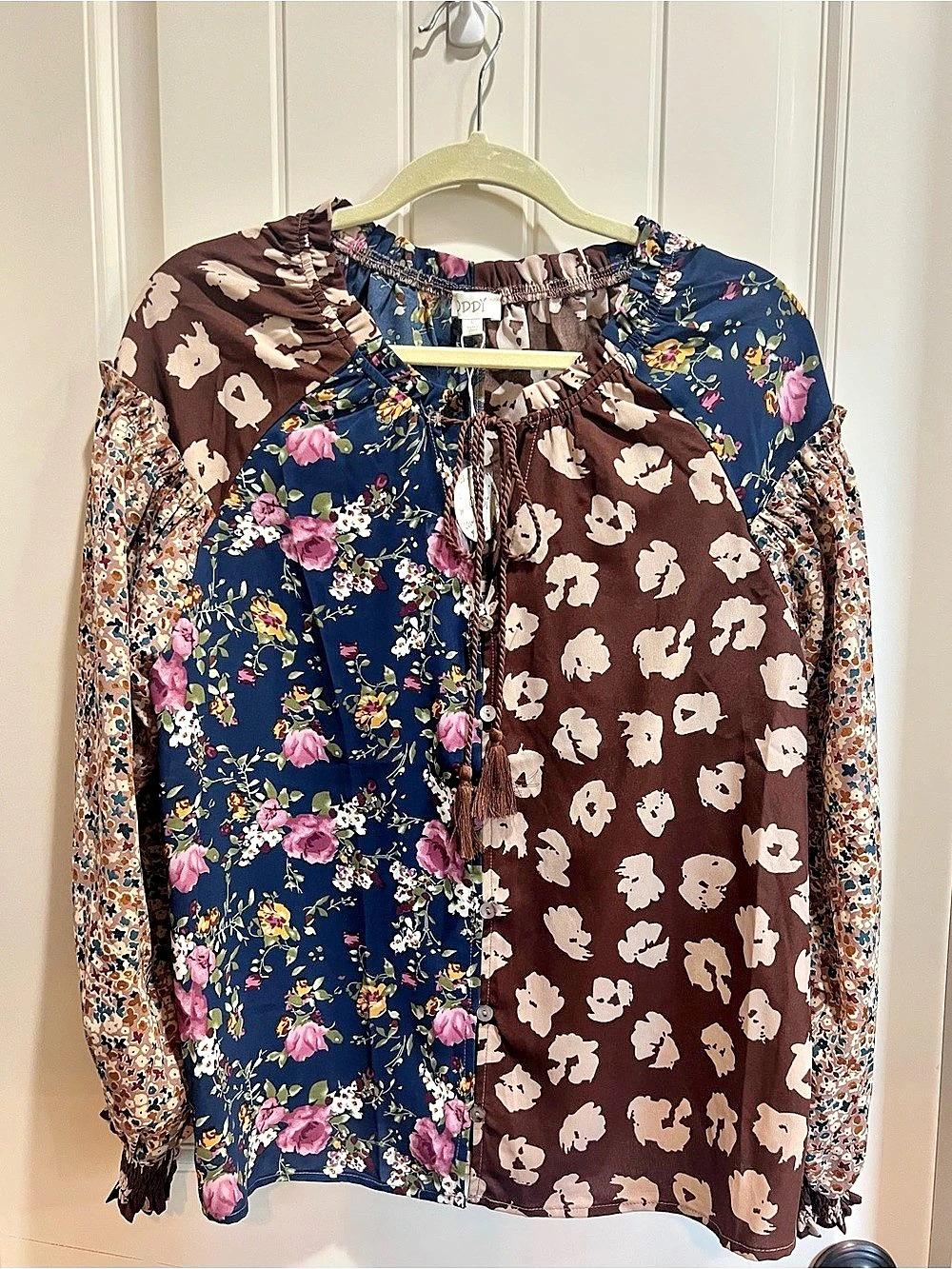 NWT ODDI Mixed Floral Print Boho Blouse Tassel Tie Top Large